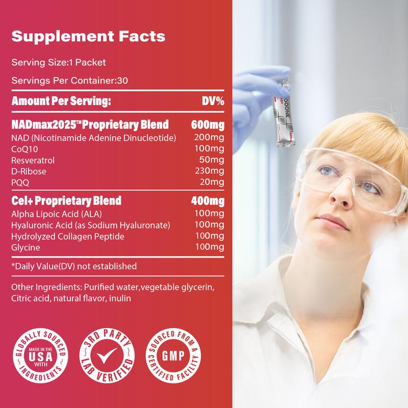 VESSAR 1000mg NAD+ Berry Flavor Drink Mix for Skin Aging Support, Energy, and Focus - 30 Pack -